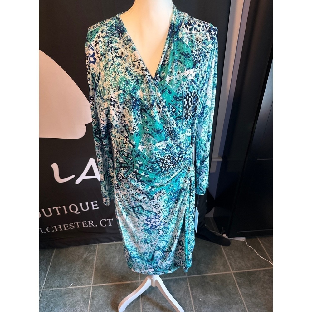 Calvin Klein Teal Blue Mosaic Print Faux Wrap Sheath Dress 18W CX4A4N9Y